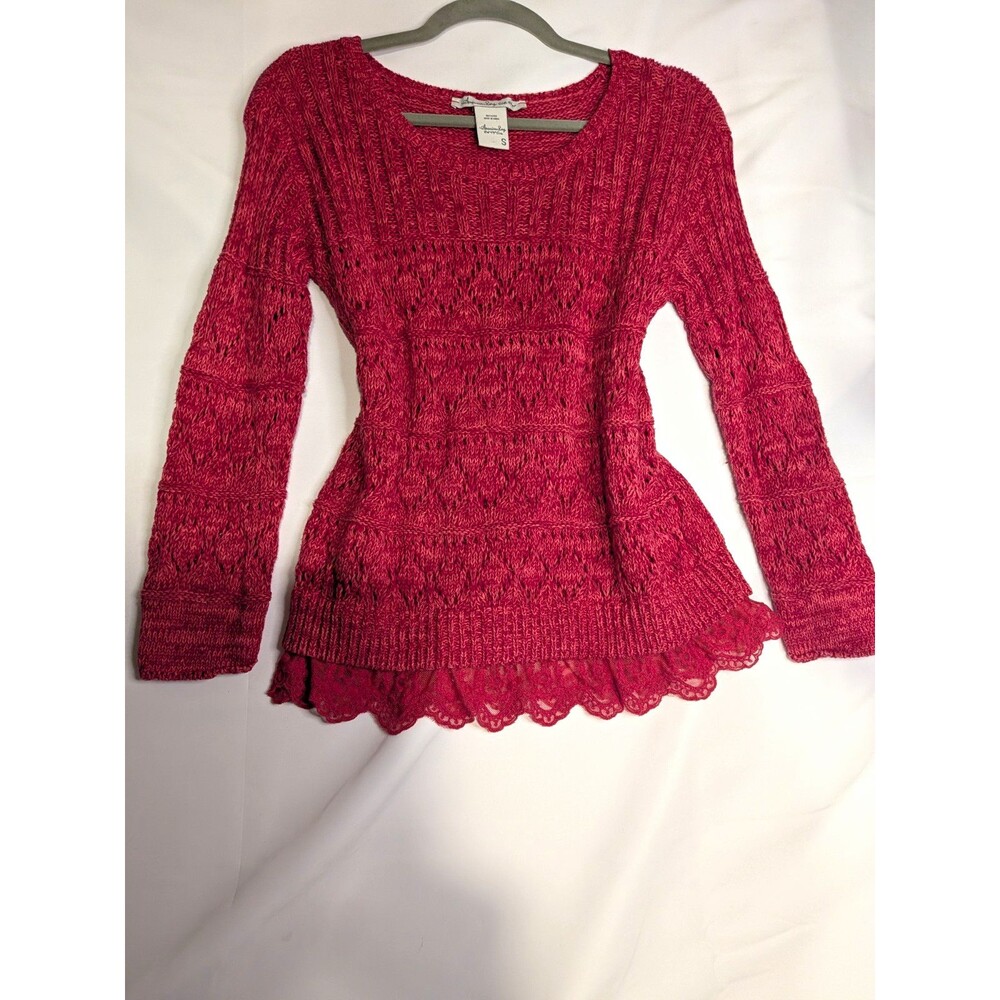 American Rag Cie Women's Pink Solid Knit Scoop Neck Lace Hem Pullover Sweater S